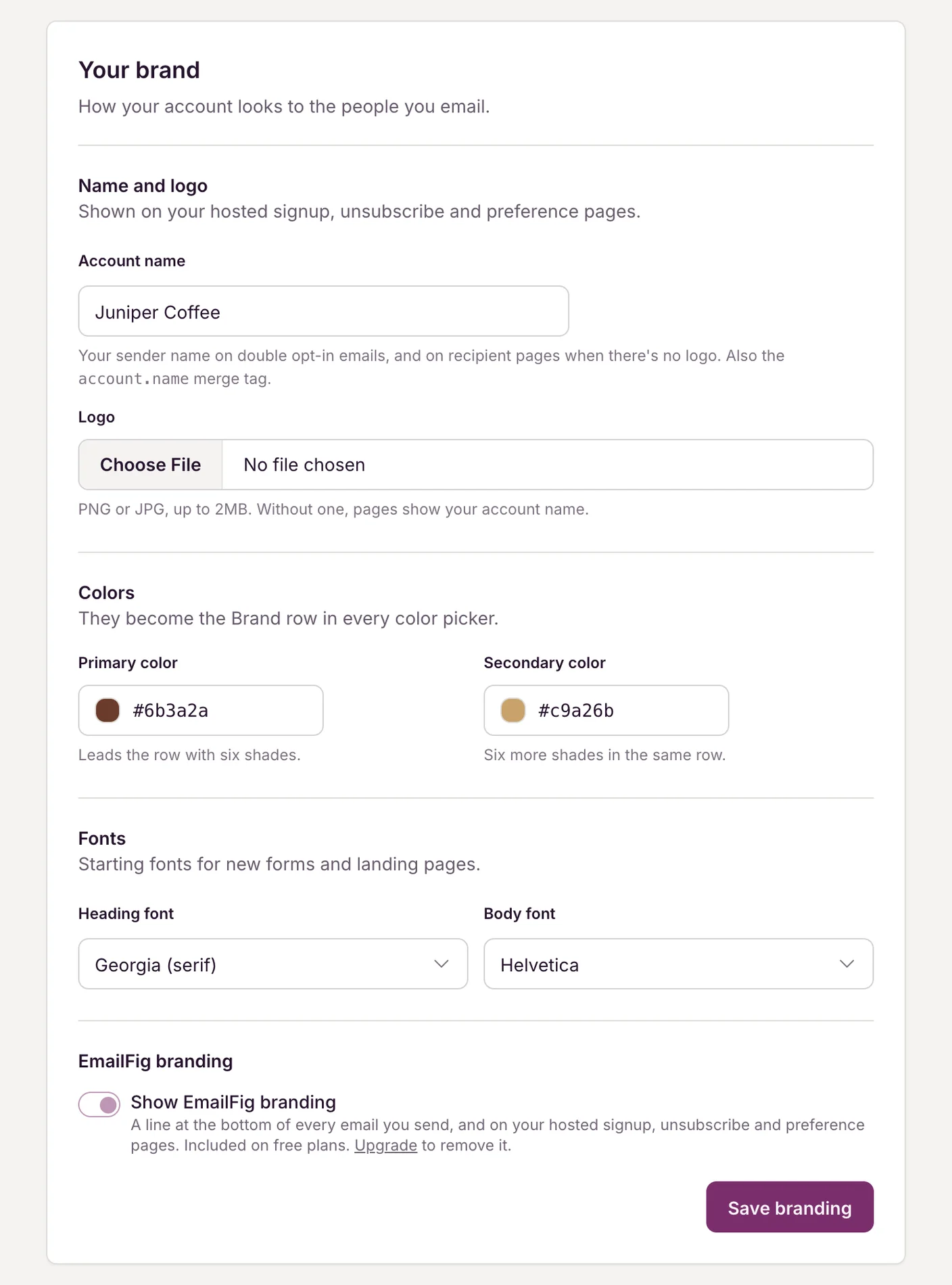 Settings → Branding, showing the Account name, colour, font and Logo fields and the Show EmailFig branding toggle.