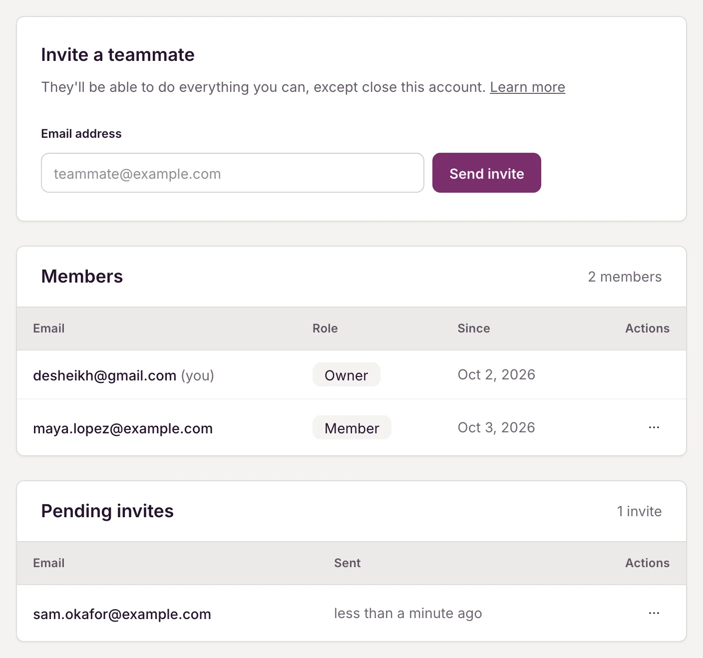 Settings → Team, showing the Invite a teammate card, the Members table with an owner and a member, and a Pending invites row.