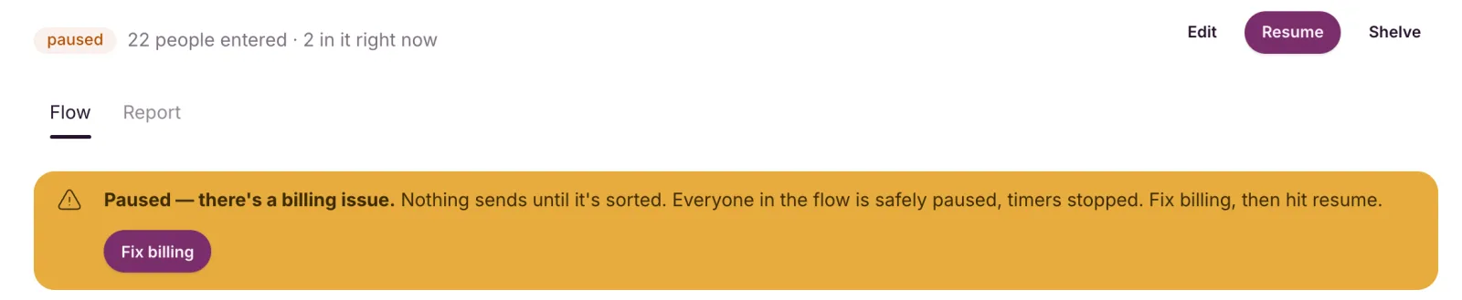 An automation’s status banner reading Paused, there’s a billing issue, with a Fix billing button, and the paused badge above it.