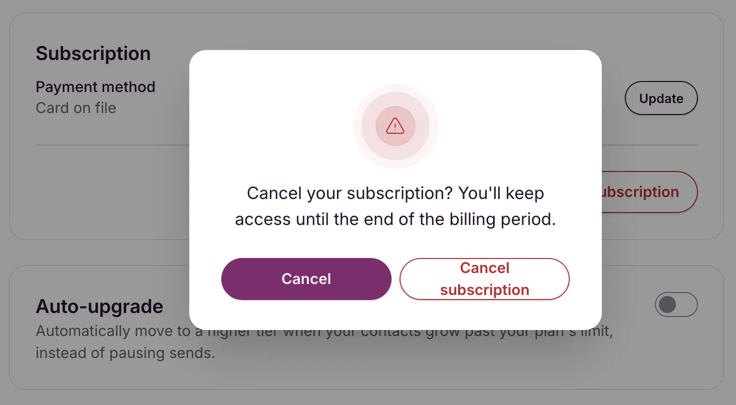 The Subscription card on Settings, Plan and billing with its Cancel subscription confirmation dialog open, reading Cancel your subscription? You’ll keep access until the end of the billing period.