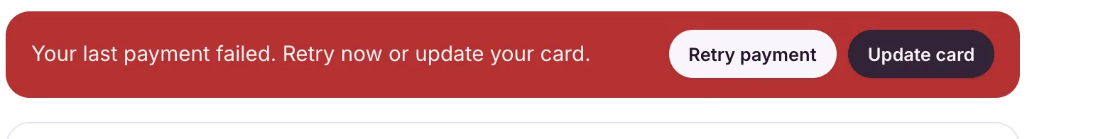 The red banner on Settings, Plan and billing reading Your last payment failed. Retry now or update your card, with Retry payment and Update card buttons.