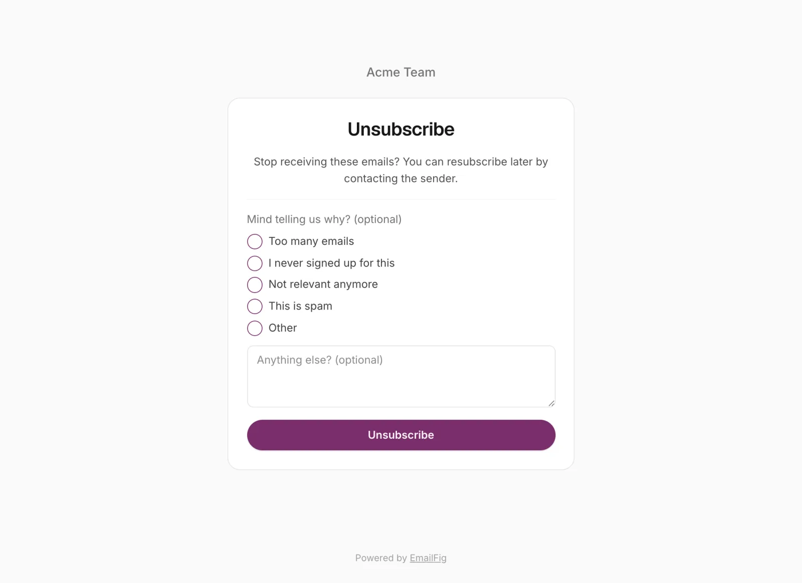 The unsubscribe page a recipient sees, with a Powered by EmailFig line in the footer.
