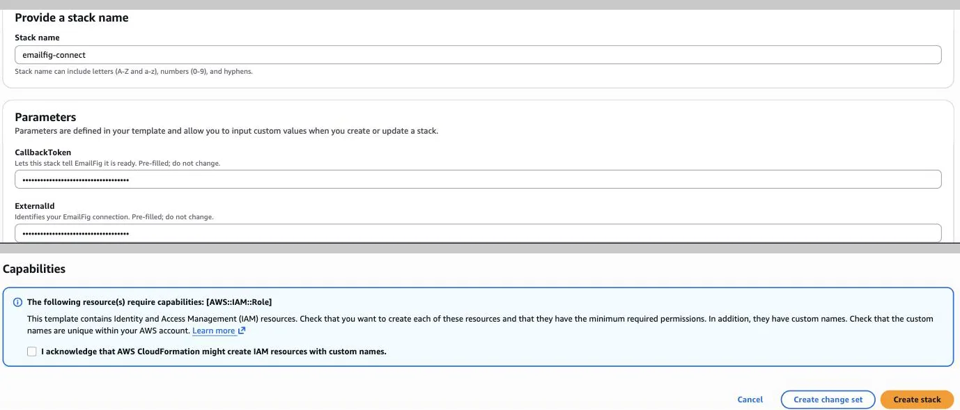 The CloudFormation quick-create stack page: the stack name emailfig-connect, the pre-filled and masked CallbackToken and ExternalId parameters, and further down the IAM acknowledgement checkbox and the Create stack button.