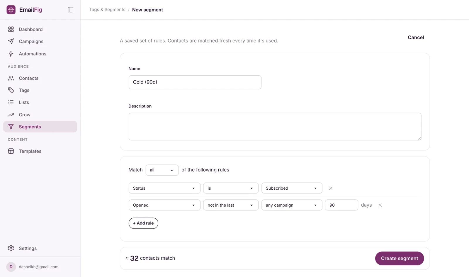 The segment builder with the Cold (90d) rules, Status is Subscribed and Opened not in the last 90 days, and a live count reading roughly 32 contacts match.