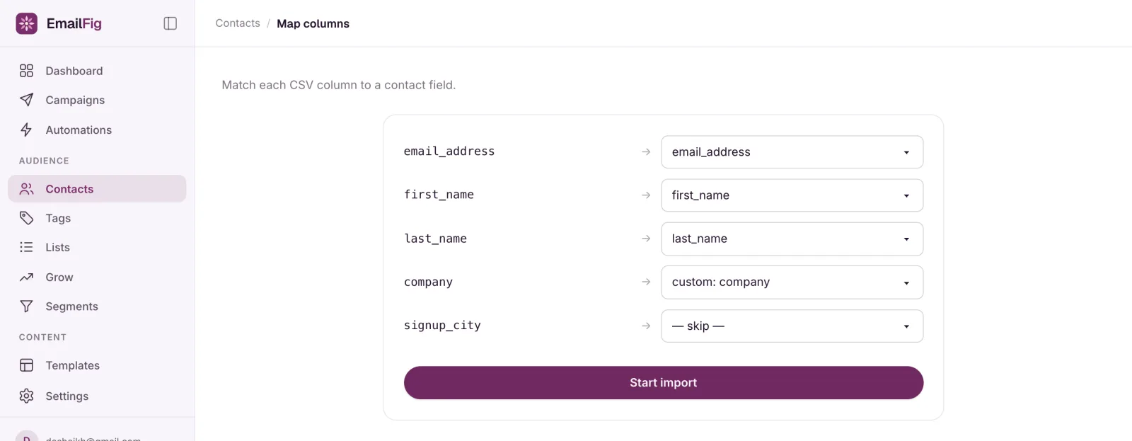 The Map columns step: each CSV header on the left with a target-field dropdown beside it, the email_address column mapped to email_address.