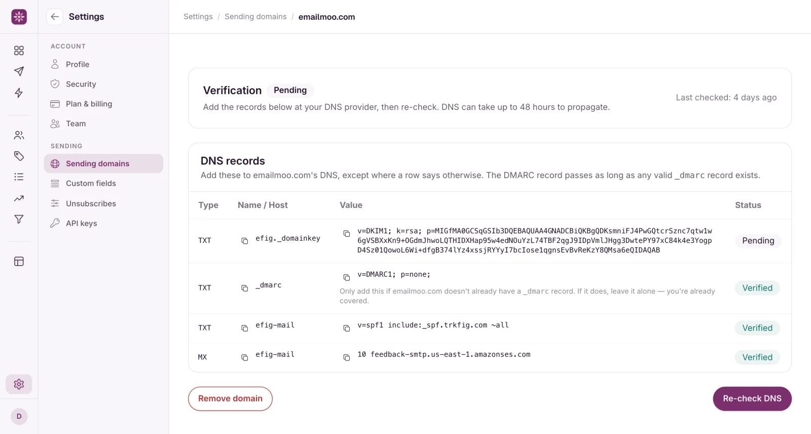 A sending domain page: the Verification card reading Pending with Add the records below at your DNS provider, and the DNS records table underneath.