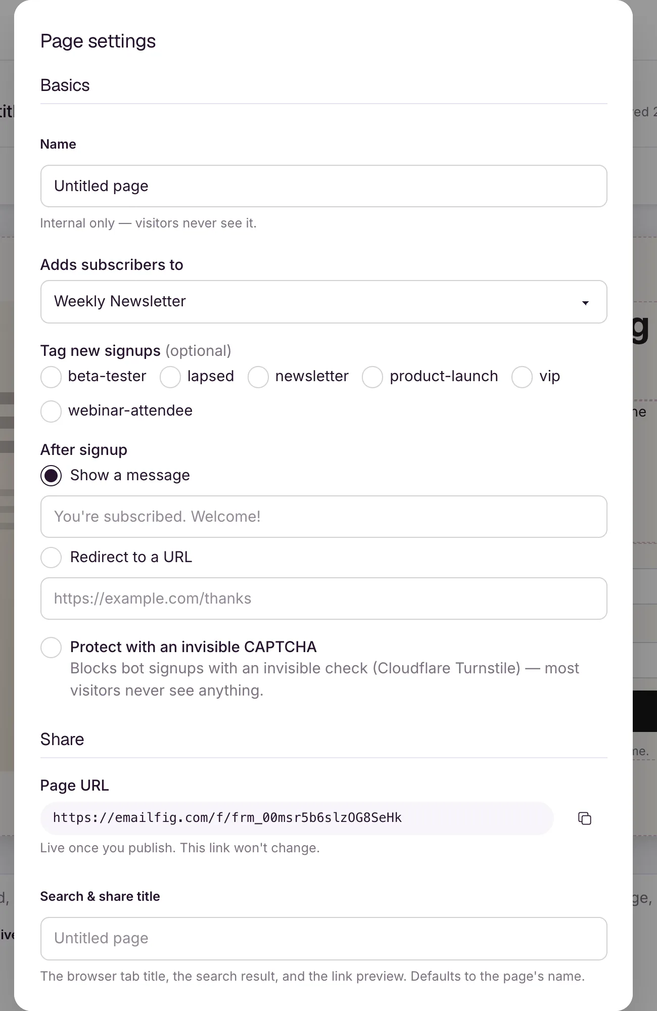 The landing page designer’s Page settings dialog, with its Basics, After signup and Share sections, including the page URL.