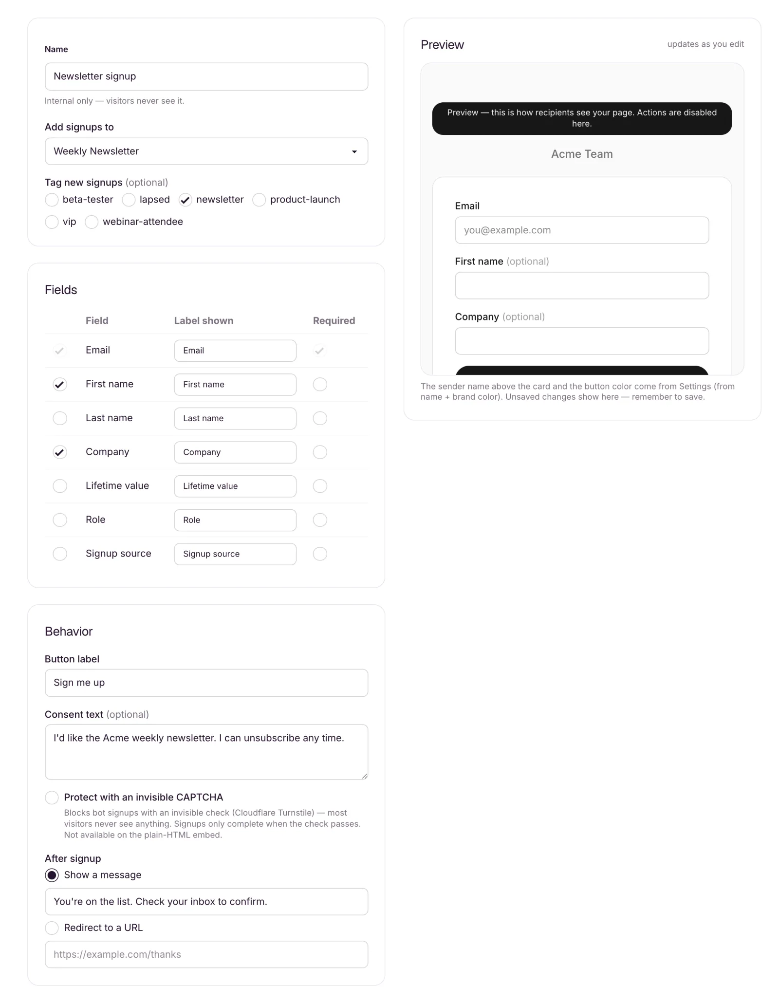 The embedded form’s settings screen: the Name and list card, the Fields table with its Label shown and Required columns, and the Behavior card, with the live preview panel alongside.