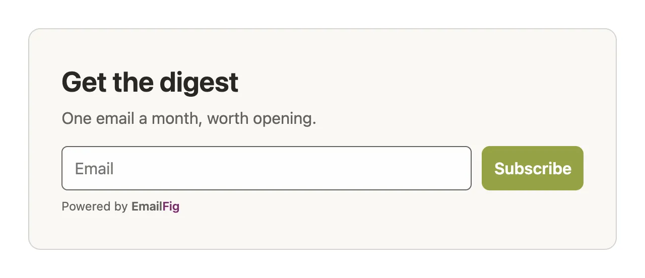 A One line form whose Subscribe button has picked up the site's olive green.