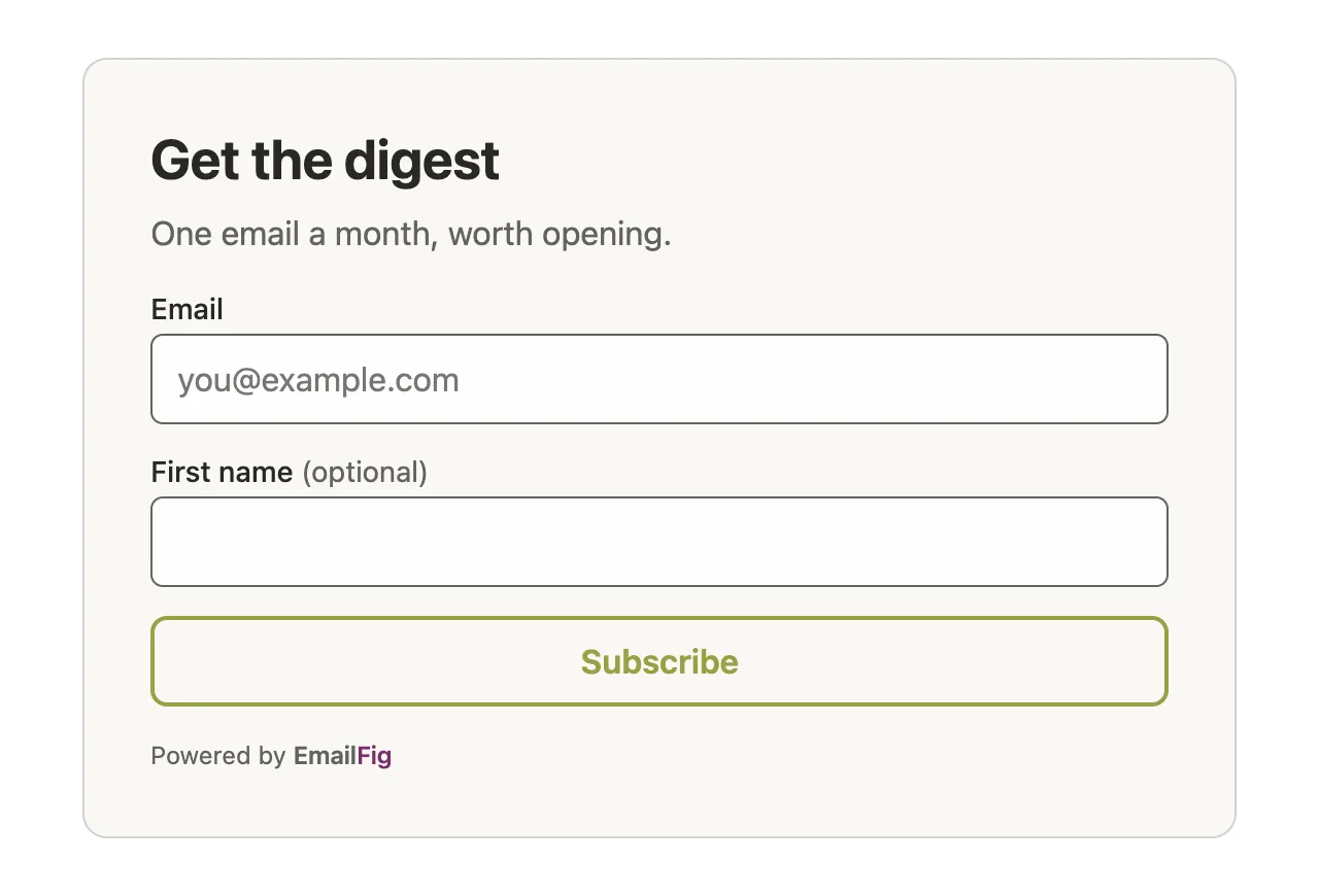 A form whose Subscribe button is an olive green outline with olive text on the card colour.