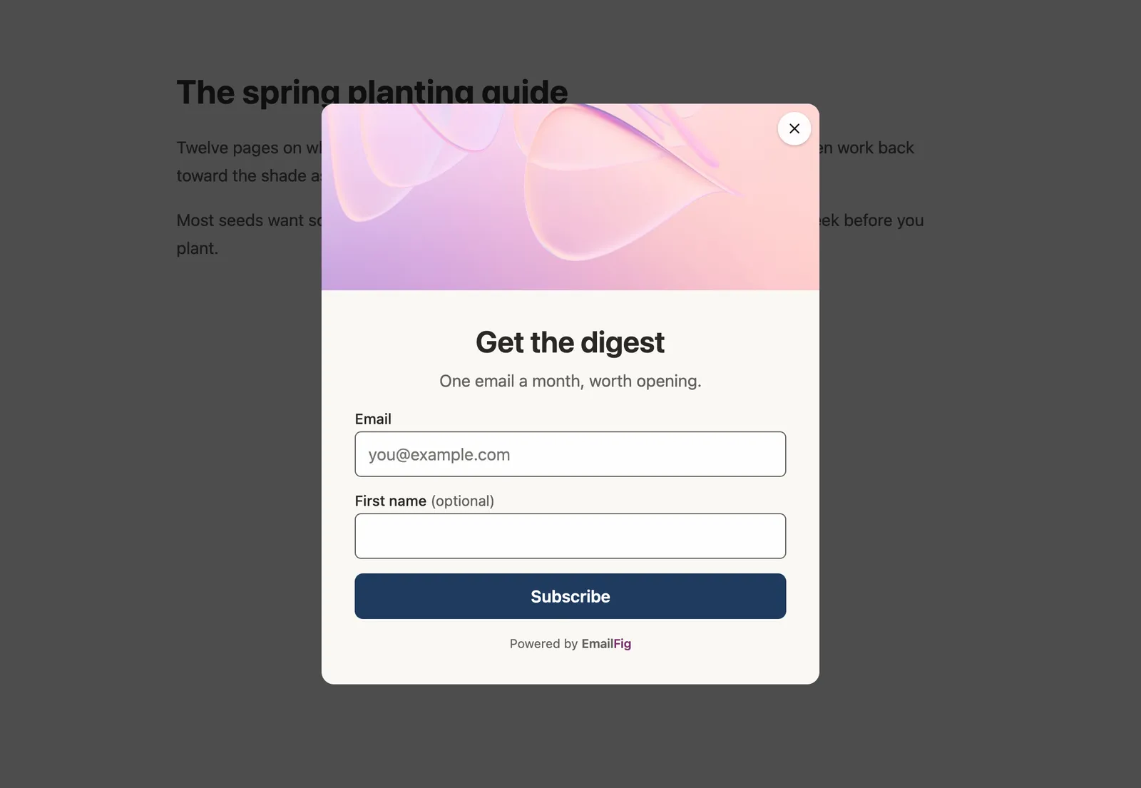 A popup over a page darkened by its backdrop.