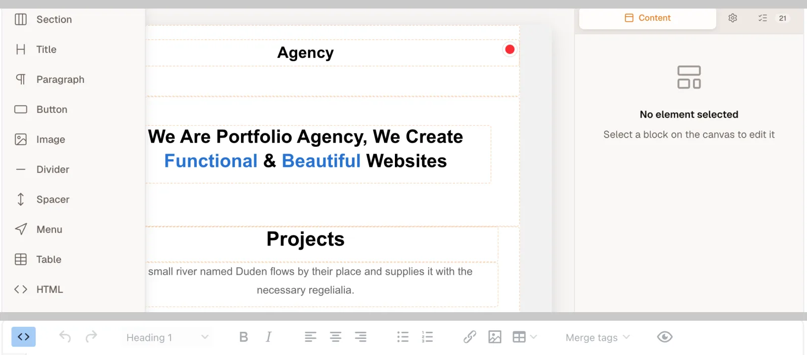 Two crops. Above, the drag and drop canvas with its block sidebar listing Section, Title, Paragraph and the rest. Below, the HTML editor’s toolbar with the source-view button active at the far left.