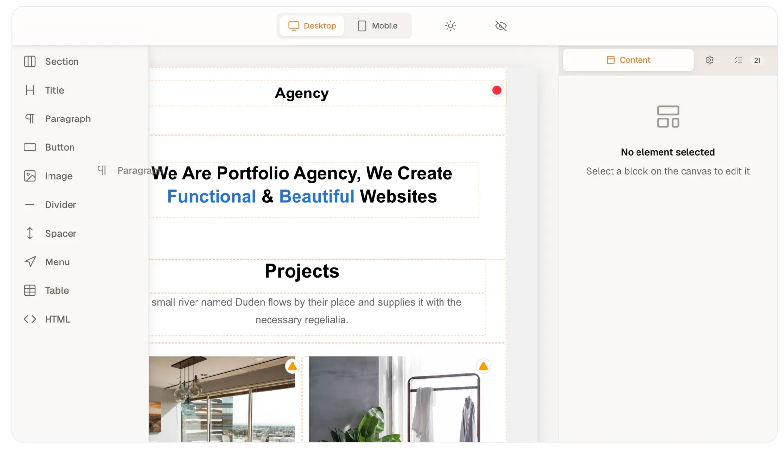 The drag and drop editor with the block sidebar open, listing Section, Title, Paragraph, Button, Image, Divider, Spacer, Menu, Table and HTML, and a Paragraph block being dragged out of it.