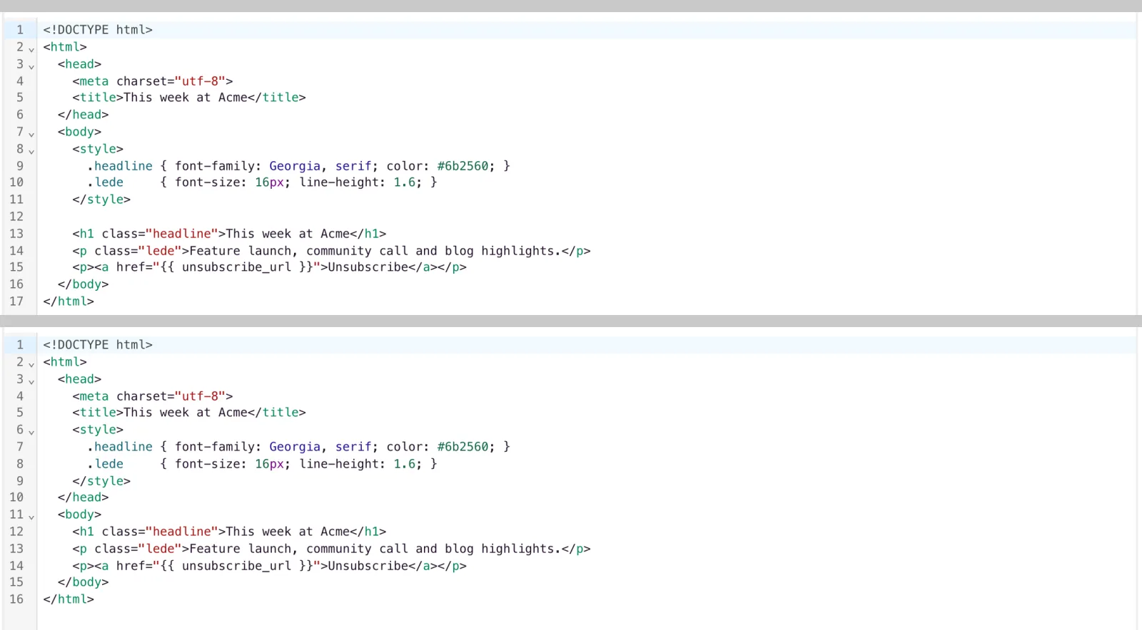 The same document twice in the source view. Above, the style block sits inside body, which Gmail ignores. Below, it sits inside head, which Gmail reads.