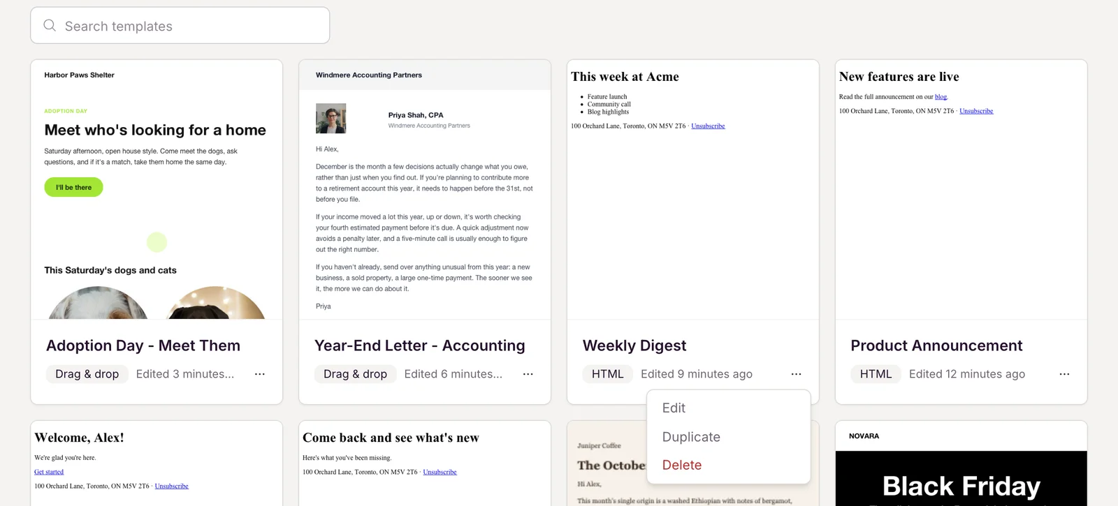 The Templates page with a template card's … menu open, showing Edit, Duplicate and Delete.