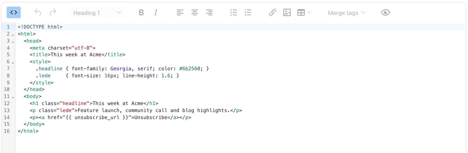 The HTML editor with the source view open, showing a complete document: a doctype, a head block with a style block inside it, and the body below.